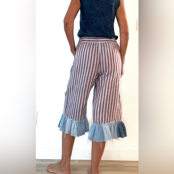 Red and blue striped upcycled bloomer/pants, denim ruffles and patchwork stars M - Picture 7 of 10